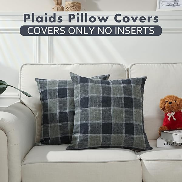 STELLHOME PACK OF 2 LINEN BUFFALO CHECK THROW PILLOW COVERS, FARMHOUSE PLAID DECORATIVE CUSHION COVERS FOR COUCH SOFA LIVING ROOM, 24X24 INCH, DARK GREY