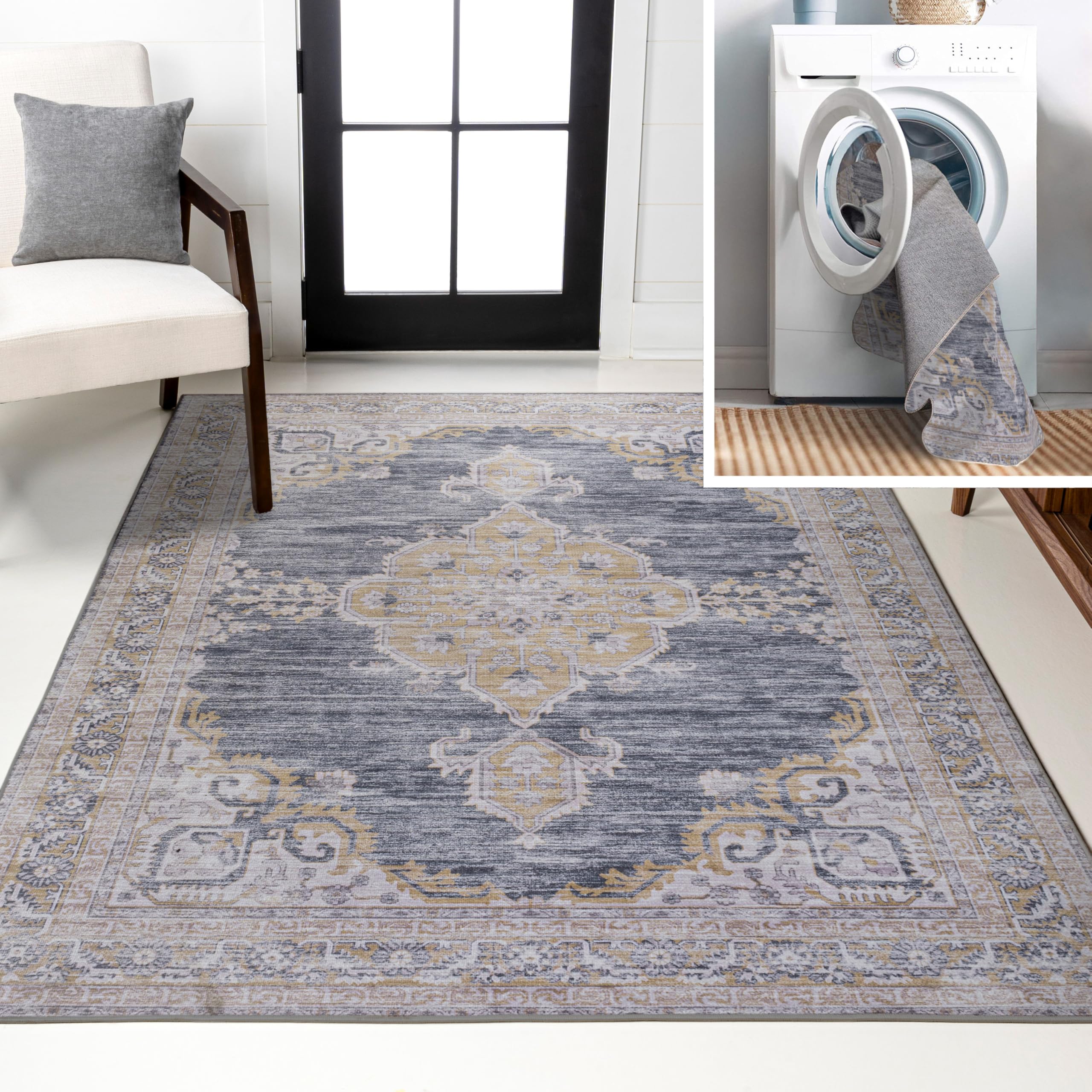 Photo 1 of ** NEW** JONATHAN Y Machine Washable Indoor Area Rug 5X8 Dark Gray/Yellow, Wincer Chenille Cottage Medallion for Living Room, Bedroom, Kitchen, Office, Easy-Cleaning, Pet-Friendly, Non-Shedding WSH202C-5