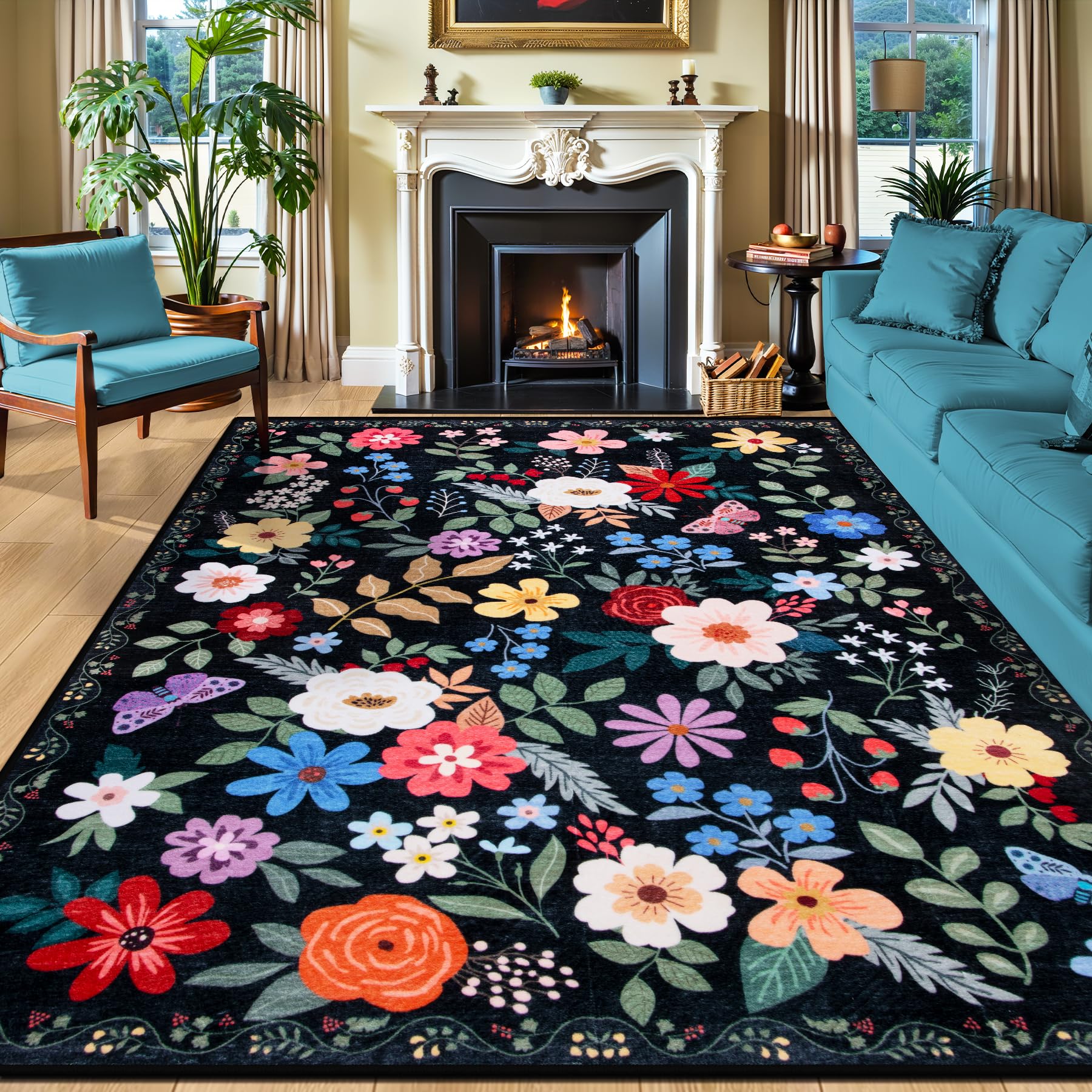 Photo 1 of 10x12 Area Rugs for Living Room: Floral Washable Rug Vintage Large Soft Boho Non-Slip Carpet Stain Resistant Low Pile Carpets for Bedroom Dining Room Farmhouse Nursery Hallway Home Office Black