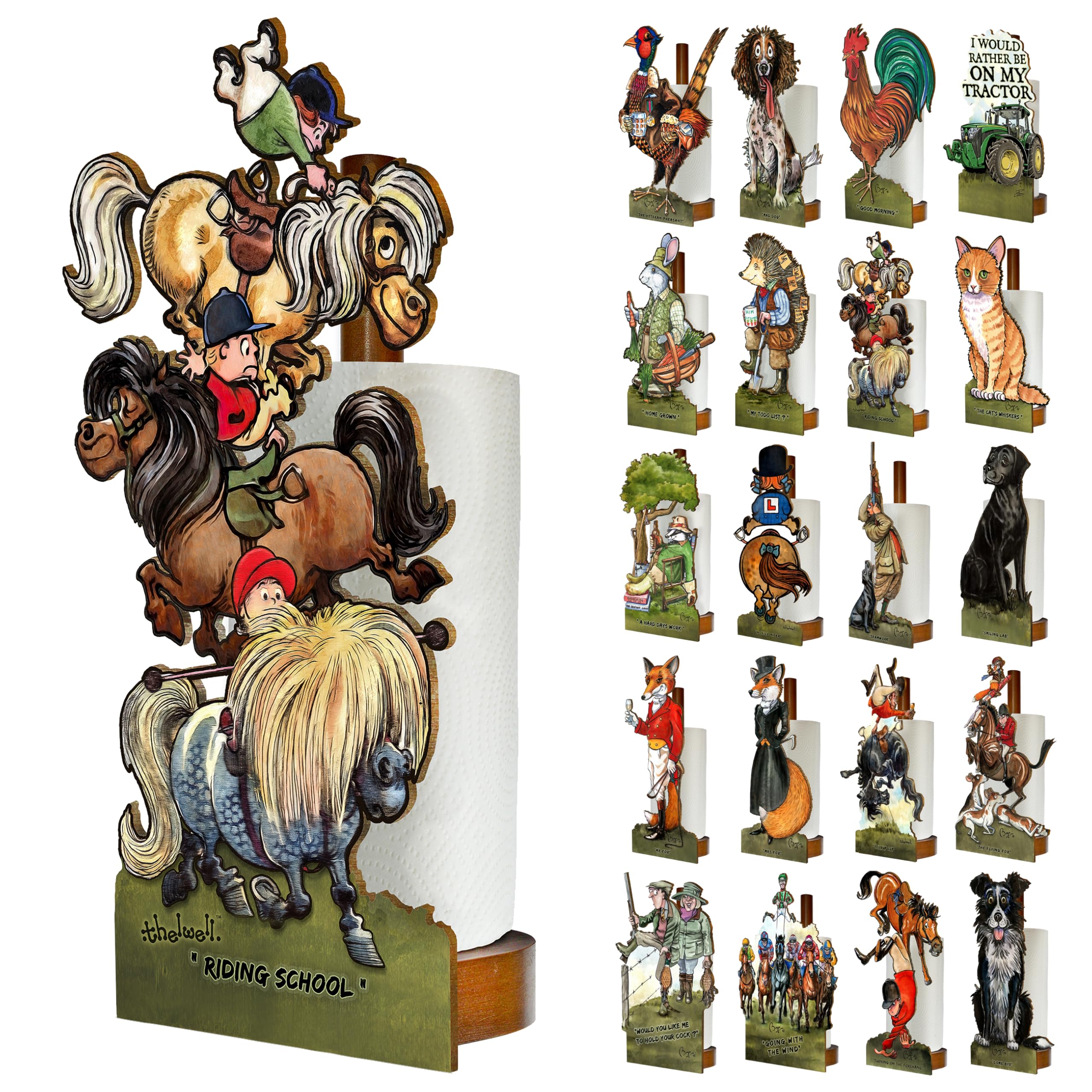 Looprints Fun Toilet Roll Storage & Kitchen Towel Holder Wooden Stand | Thelwell Riding School | Novelty Kitchen & Bathroom Decor & Accessories | A Delightful Equestrian Home Gift For Girls & Women.