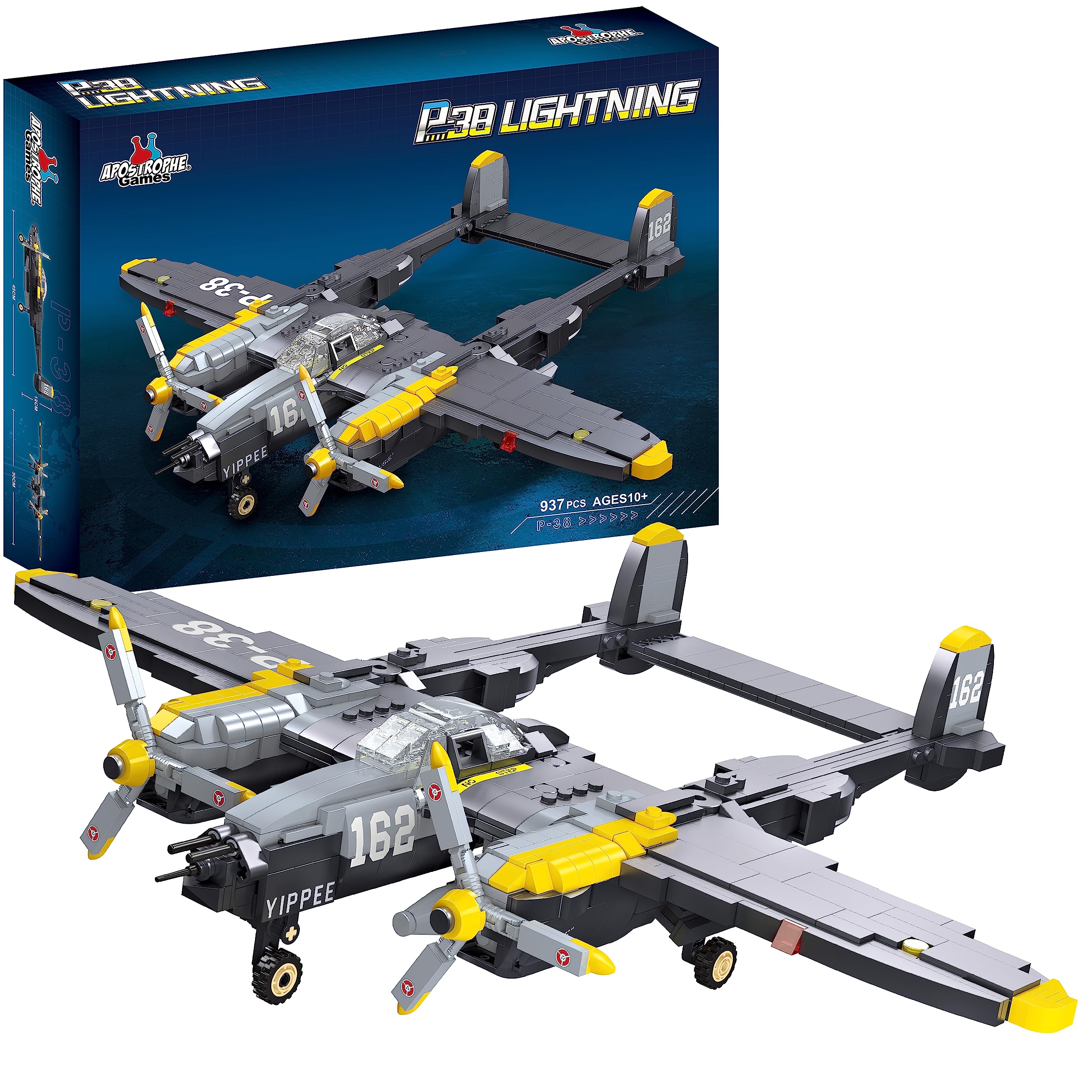 APOSTROPHE Games P-38 Lightning Aircraft Building Block Set - 937 Pieces - Air Force Fighter Plane Toy Set – Building Block for Kids Older Than 10 and Adult – Compatible with All Building Bricks