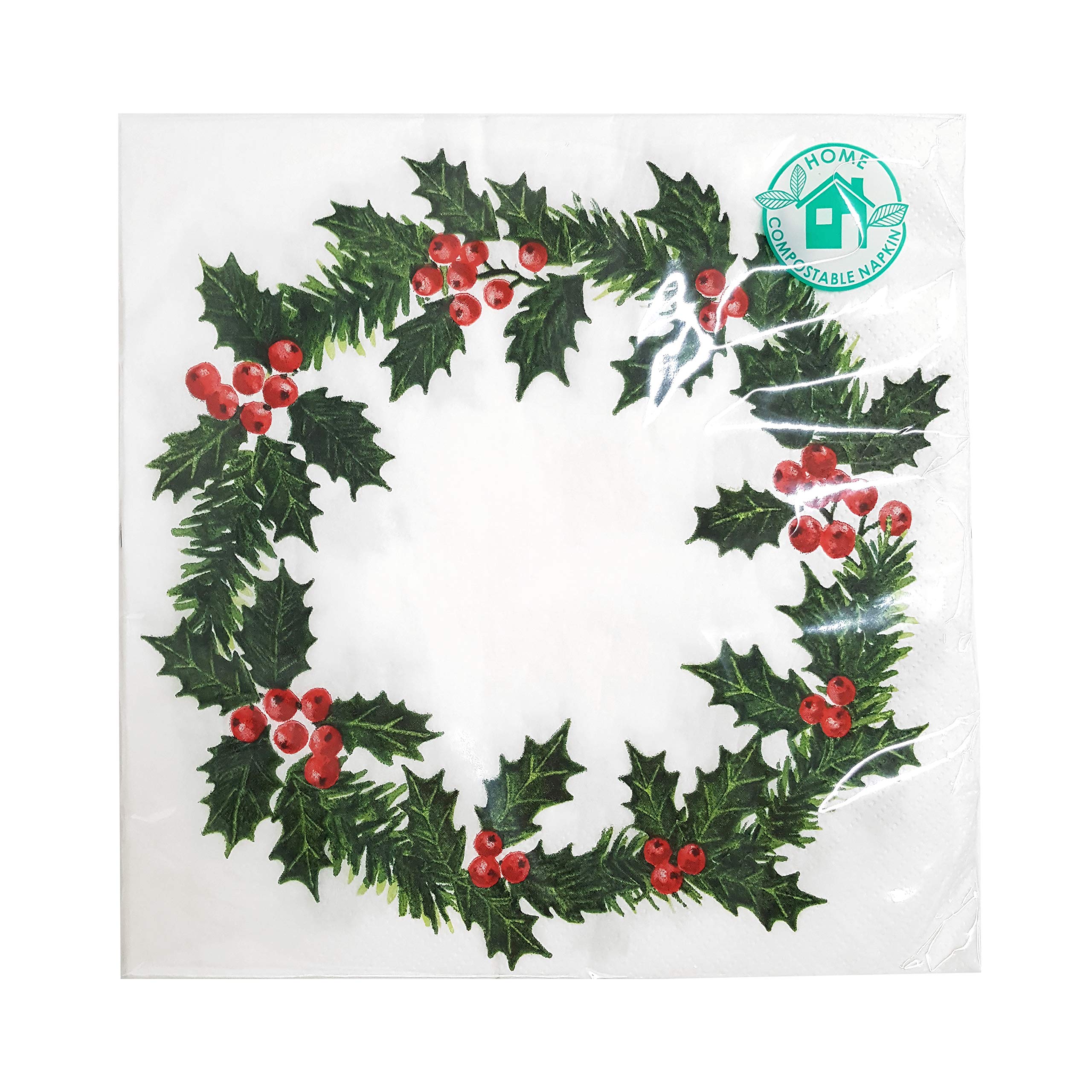 Talking Tables Pack of 20 Large Christmas Dinner Napkins Holly Wreath Design - Perfect Party Decoration for Your Xmas Table - Home Compostable and Recyclable, HOLLYNAPKIN