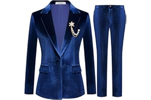 Kelyaa Women's 2 Piece Velvet Suit Notch Lapel One Button Slim Fit Business Party Wedding Tuxedo Blazer Pants Set