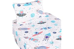 J-pinno Planet Spaceship Rocket Alien Cartoon Cozy Twin 100% Cotton 3 Pieces Sheet Set Bedroom Decoration Gift for Kids Boys Children Flat Sheet + Fitted Sheet + Pillowcase Bedding Set
