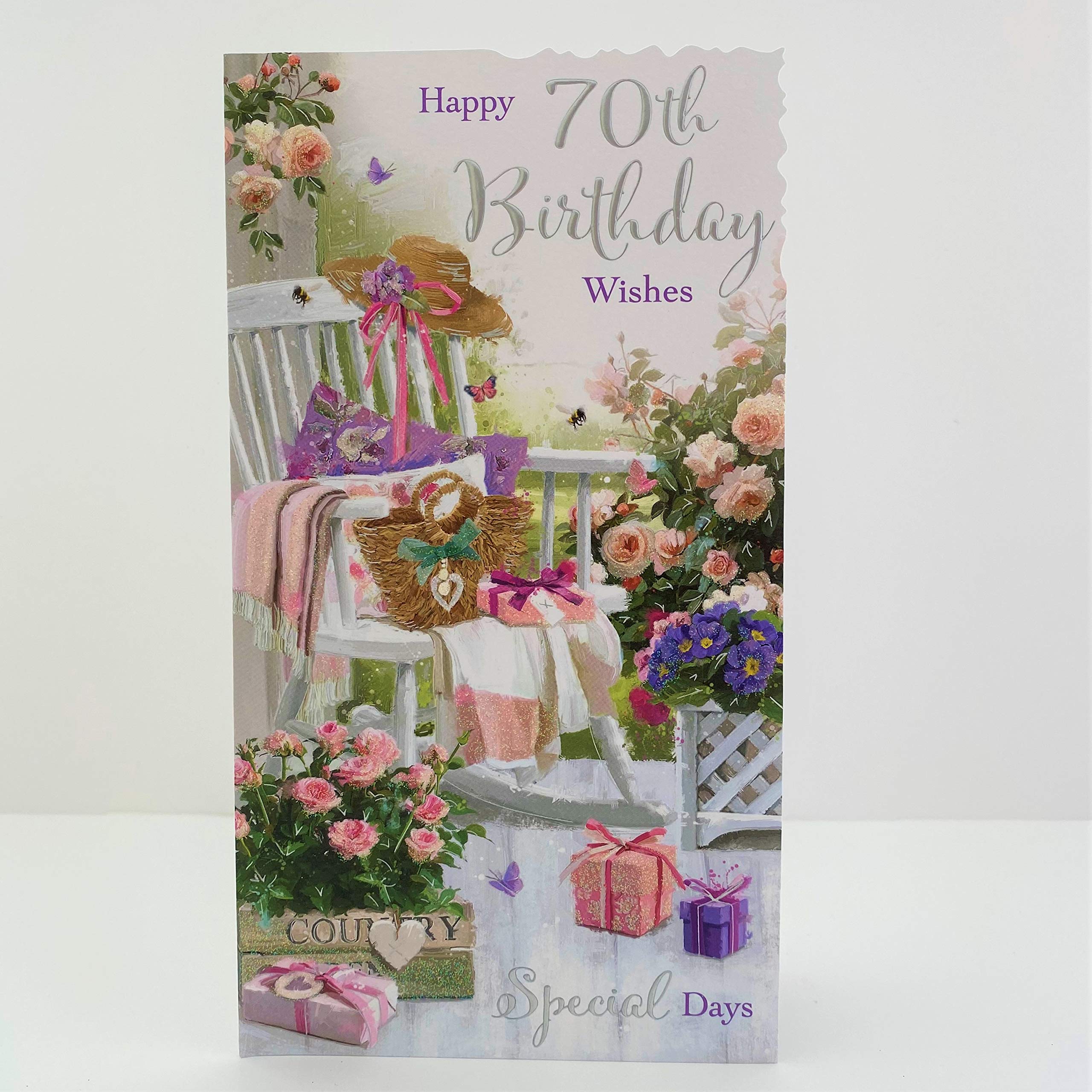 Velvet Moments Beautiful Artistic Female 70th Birthday Card From the Range - Rocking Chair and Country Flowers - Pretty Embossed, Foil and Flitter Finish - Greeting Card For Her (JJ-VM098)