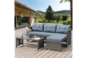 Shintenchi Outdoor Patio Furniture Sets, Wicker Patio sectional Sets 3-Piece, All Weather Wicker Rattan Patio Seating Sofas with Glass Coffee Table and Cushion (Blue Grey)