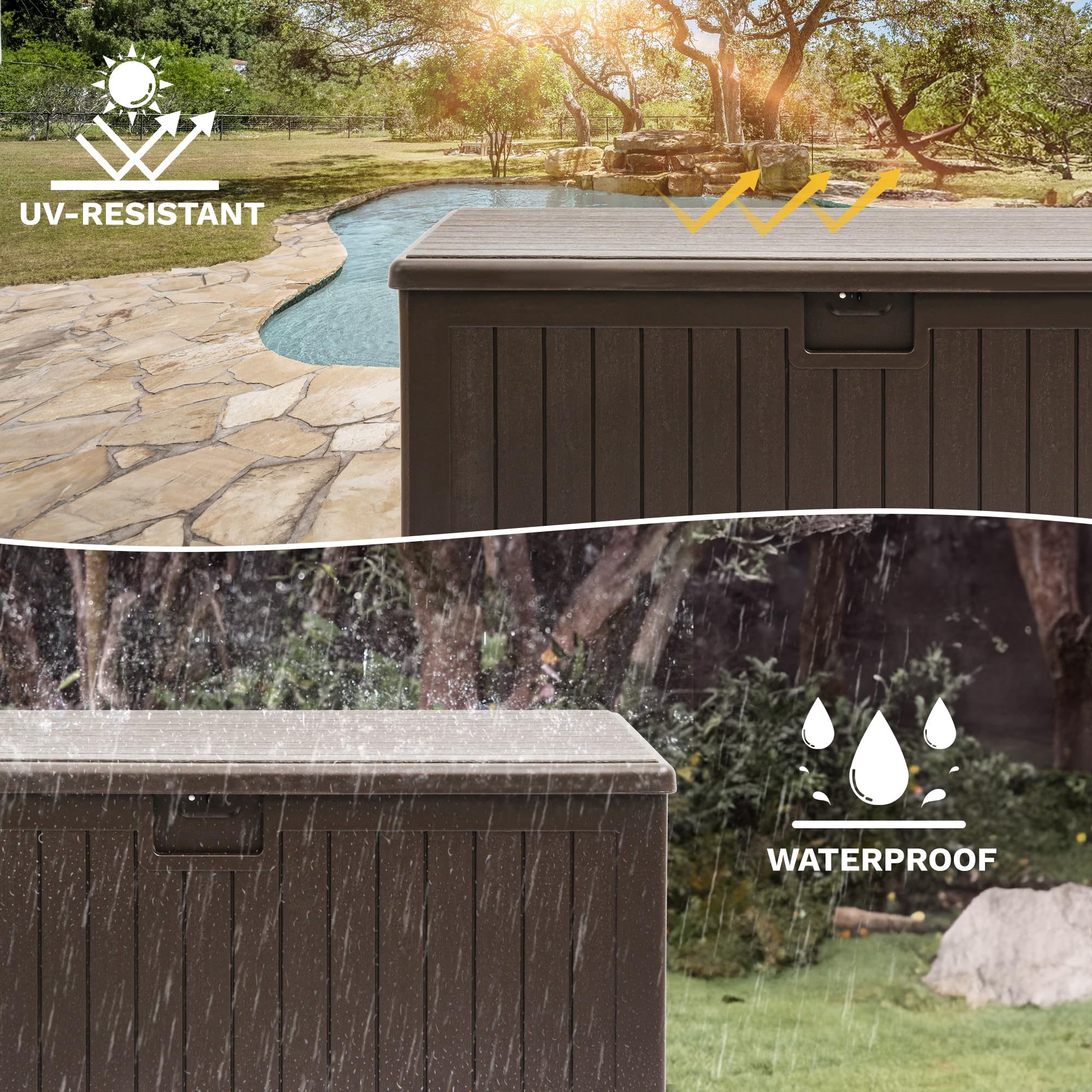 DWVO 567.8L Resin Aufbewahrungsbox für Außen, Doppelwandige wasserdichte Gartenbox mit Holzmaserung, Abschließbare Aufbewahrungsbox als Tisch oder Sitzbank (1000 kg Belastbarkeit) – Braun 5