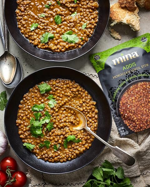 MINA MOROCCAN LENTILS, READY TO EAT, LENTILS HIGH IN PLANT BASED PROTEIN, VEGAN, NON-GMO, GLUTEN FREE, KOSHER, MICROWAVABLE, PACKAGED MEAL & SIDE DISH, 10 OZ