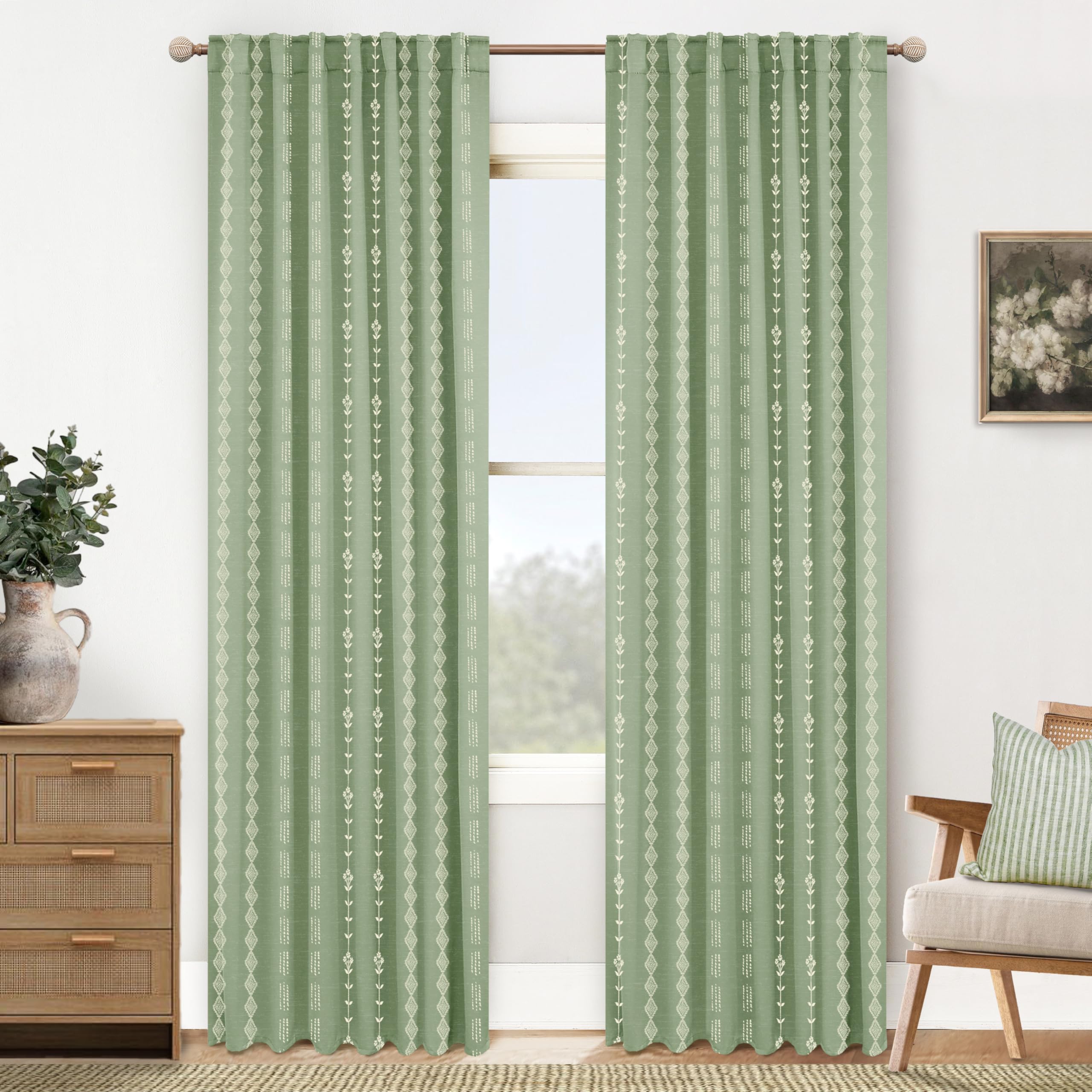 Photo 1 of Sage Green Curtains for Bedroom,Cute Floral Farmhouse Blackout 70% Room Darkening Light Green Boho Pattern Cottage Core Curtains for Living Room 2 Panels 84 Inches Long