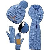Aneco 4-in-1 Women Winter Beanie Hat Scarf Touchscreen Gloves Ear Warmer Set Fleece Lined Warm Knit Skull Cap with Pom Pom