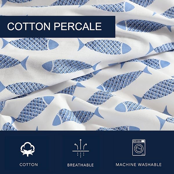 NAUTICA – KING SHEET SET, COTTON PERCALE BEDDING SET, CRISP & COOL, STYLISH HOME DECOR (WOODBLOCK FISH BLUE, KING)