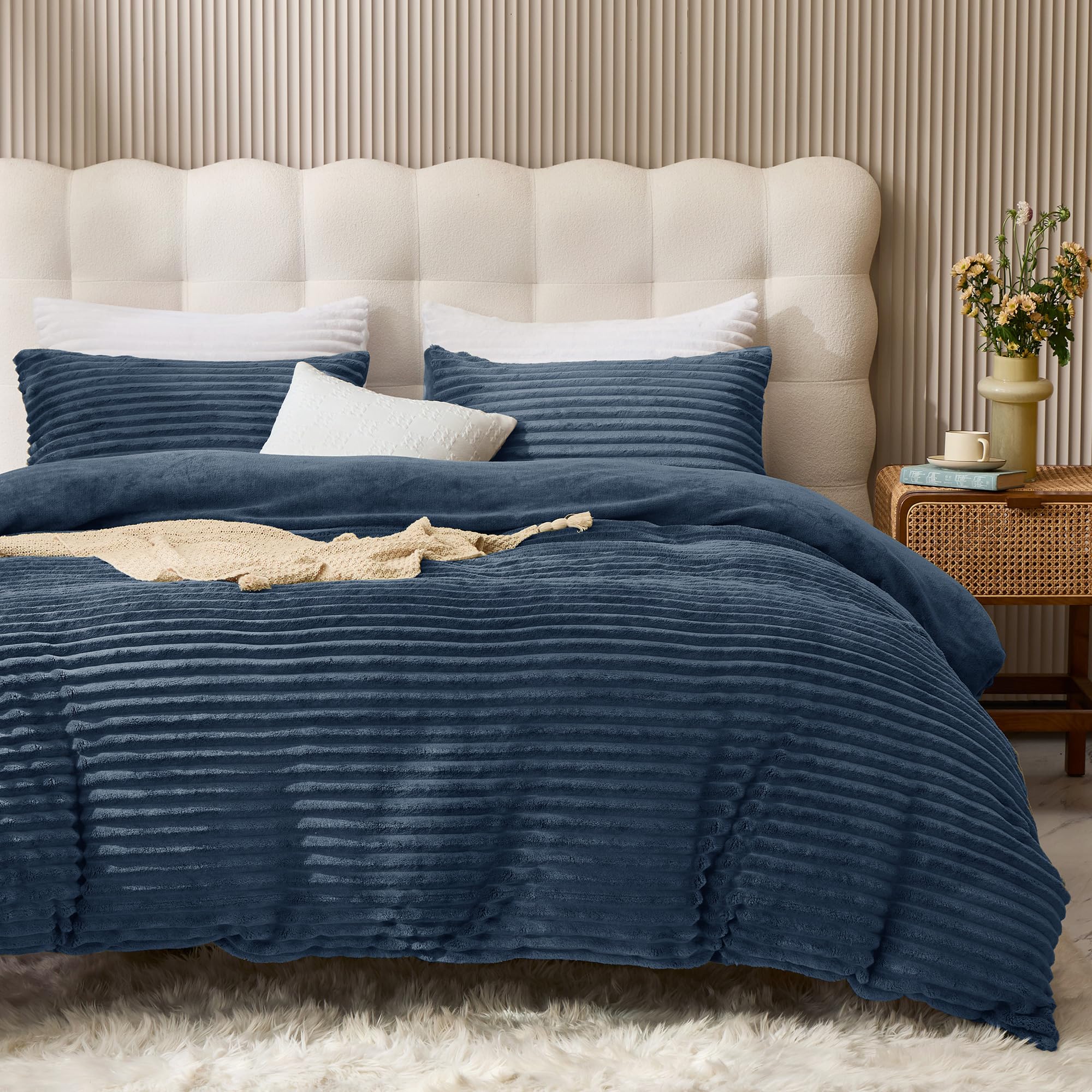Photo 1 of JELLYMONI Plush Duvet Cover Set - Queen Size Navy Blue Striped Fluffy Comforter Cover 3pcs Bedding Set Luxury Ultra Soft Faux Fur Duvet Cover with Zipper and 2 Pillowcases (NO Comforter)