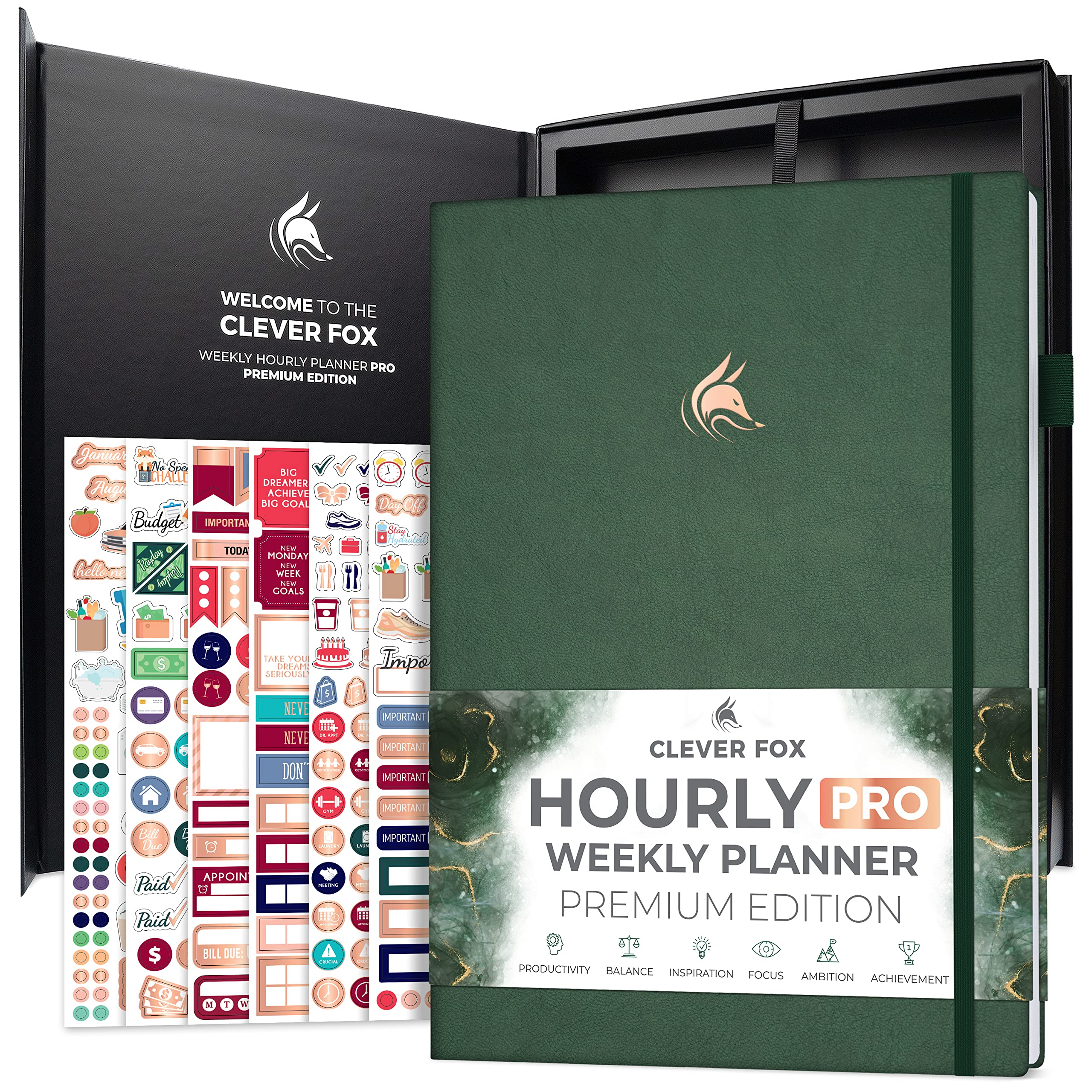 Clever Fox Hourly Planner PRO Premium – Undated Schedule Planner with Time Slots – Weekly & Monthly Organizer for Time Management, A4 (Forest Green)