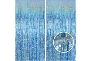 Melsan Fringe Curtains Backdrop, Sparkle 2 Pack 3.2 ft x 8.2 ft Metallic Tinsel Foil Curtains for Party Photo Booth Props Decoration, Light Blue