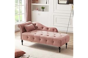 HomJoones Tufted Upholstered Velvet Rolled Arm Chaise Lounges Indoor Chair, Right Arm Facing Chaise Lounge with Nailhead Trim and 1 Pillow,for Living Room Bedroom Office (Rose)