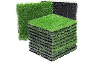 VANCASTLE Artificial Grass Tiles Interlocking Turf Squares Deck 9 Pack -12"x12" Indoor Outdoor Faux Grass Rug with Drainage Holes-Fake Grass Tiles Self-draining for Garden Lawn Landscape Balcony Decoration