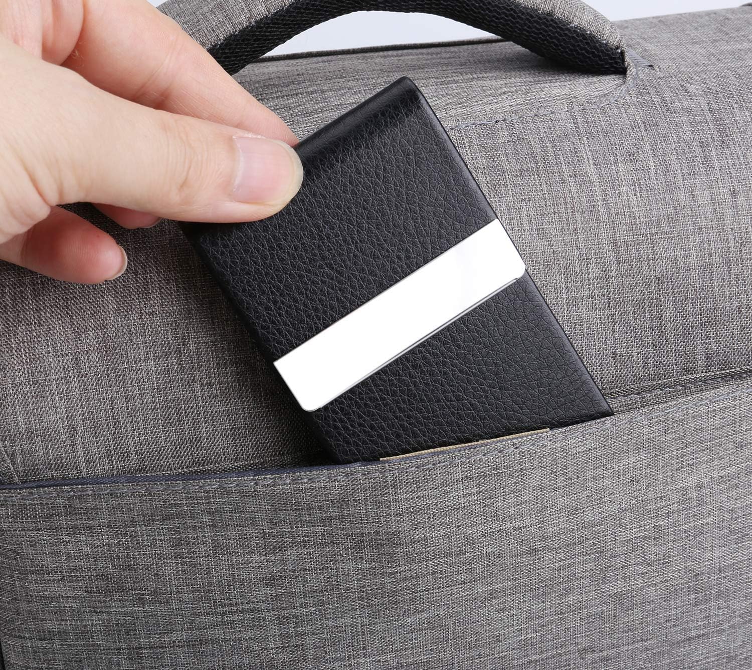 DMFLY Business Card Holder Case - PU Leather Business Card Case Name Card Holder Slim Metal Pocket Card Holder with Magnetic Shut, Black : Office Products