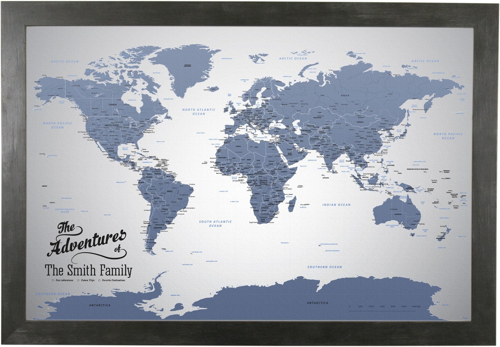 Push Pin Travel Maps Canvas - Personalized Blue Ice World with Rustic Black Frame