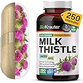 BIO KRAUTER Milk Thistle Capsules 1400 mg - 250 Count - Liver Detox & Cleanse Supplement - Vegan Silymarin Capsules - Milk Thistle Powder - Non GMO