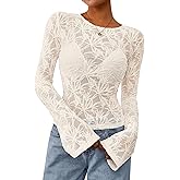 PRETTYGARDEN Womens Lace Long Bell Sleeve Tops 2026 Fall Sexy See Through Sheer Floral Blouse Shirt Spring Going Out Outfits