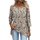AKEWEI 3/4 Length Sleeve Womens Loose Fit Blouses Dressy Casual Tunic Tops Crew Neck Tees S-2XL