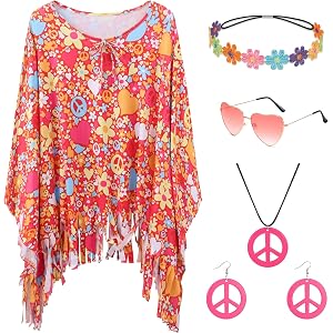 Gionforsy 60s 70s Hippie Costume Accessories Tie Dye Top for Halloween | 6pcs Hippie Set for Women Flower Headband Tie Dye Ta