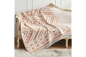 Amélie Home Chenille Woven Throw Blanket for Couch, Jacquard Retro Decorative Boho Design with Handmade Tassels, Aztec Southwest Soft Cozy Throw for Chair Sofa Bed Outdoor in Summer, 50x60