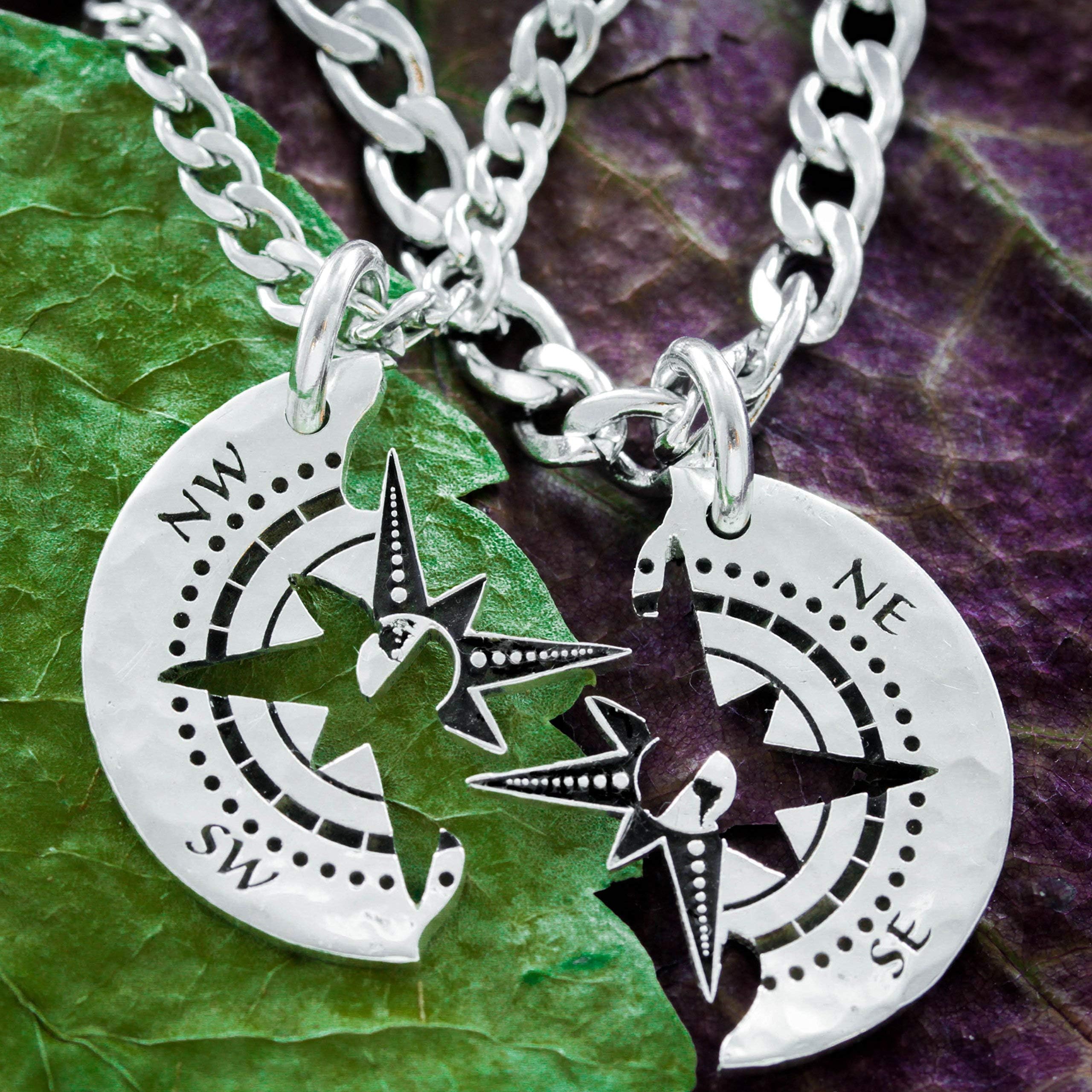 Compass Couples Necklaces, Engraved Silver, Interlocking Map Necklace, World Globe, Wanderlust, Travel Jewelry, Long Distance Relationship, Hiking Necklace, Hand Cut Coin, By NameCoins