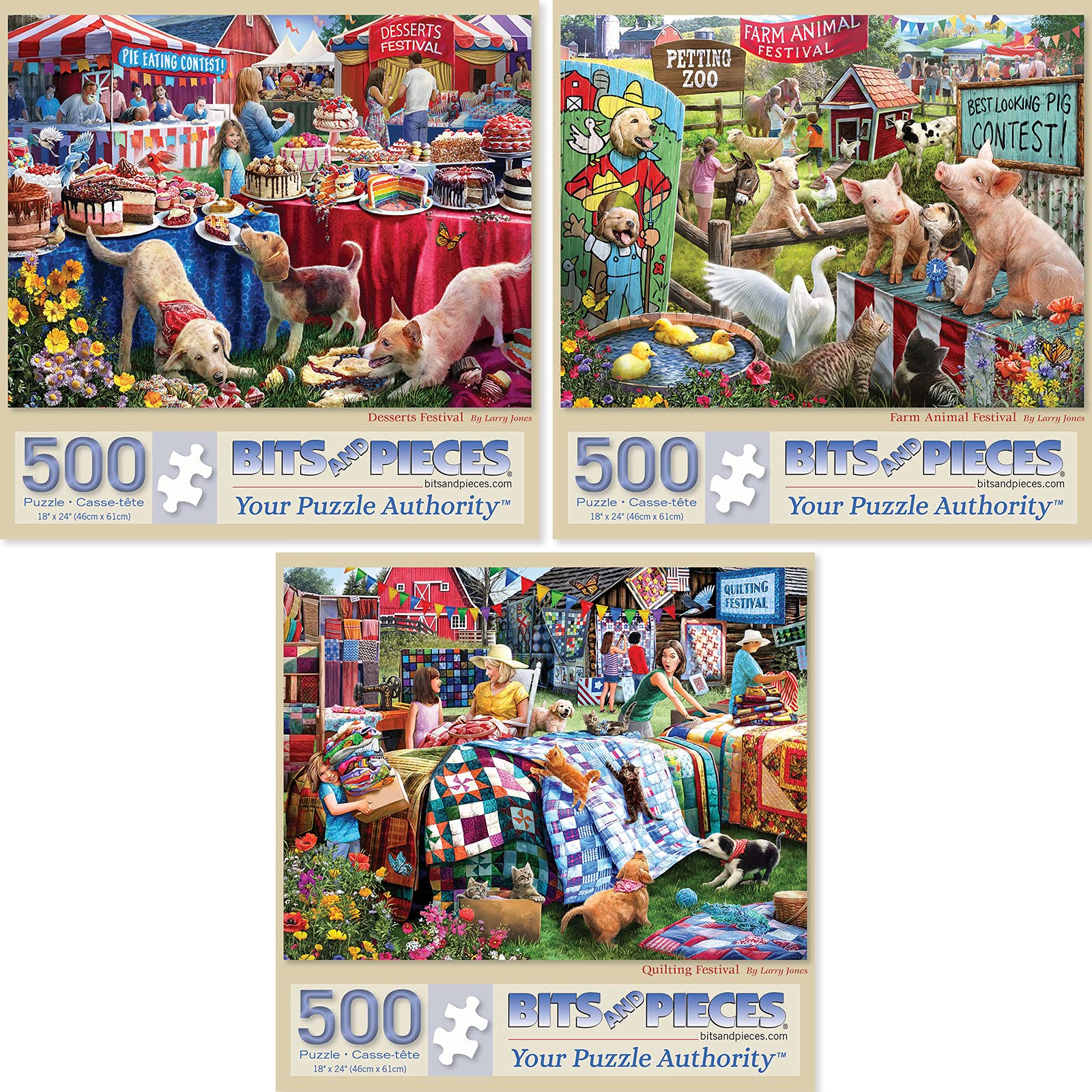 Bits and Pieces - Value Set of Three (3) 500 Piece Jigsaw Puzzles for Adults - Each Puzzle Measures 46cm x 61cm- Farm Animal Country Carnival Festival Jigsaws by Artist Larry Jones