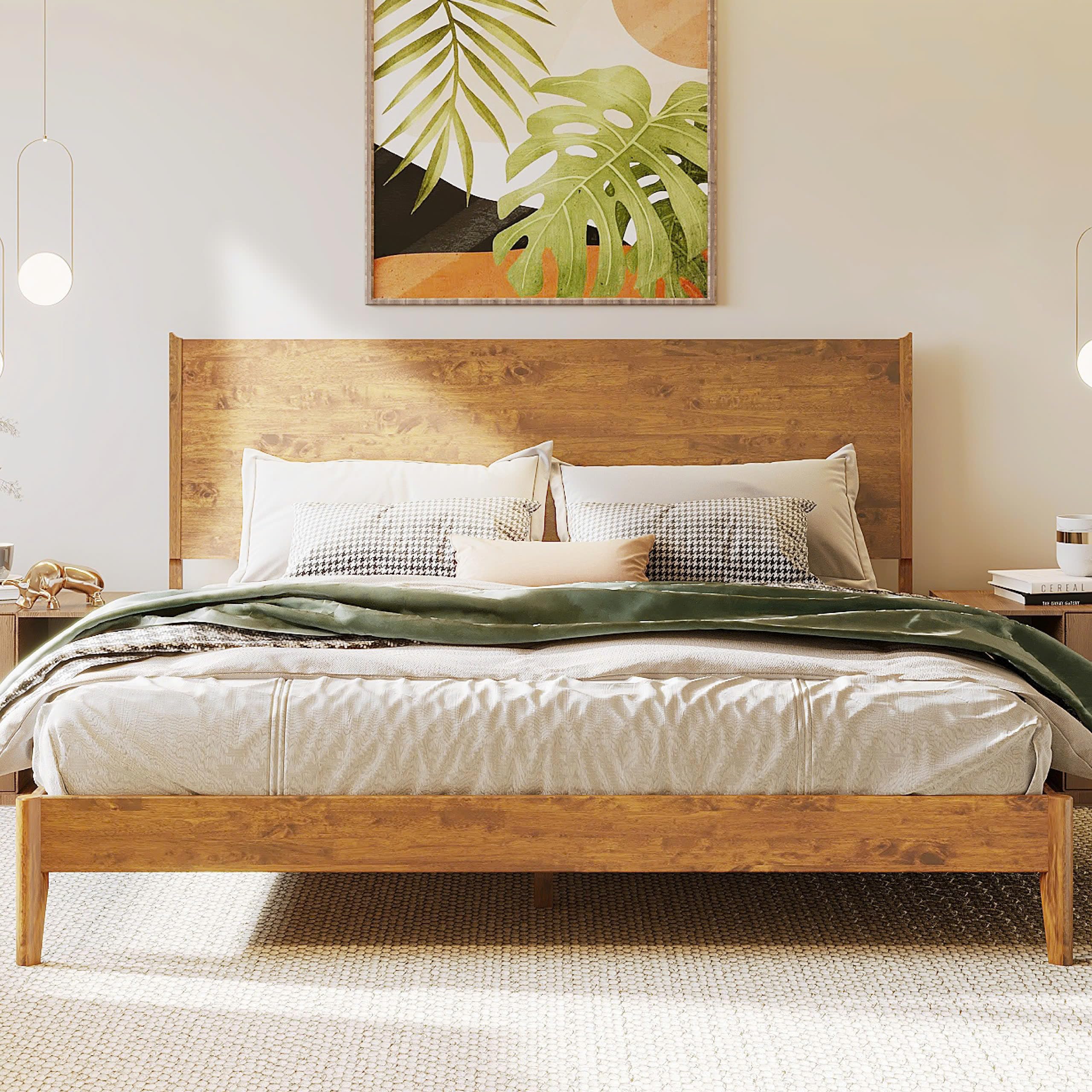 Photo 1 of Acacia Haven King Size Bed Frame and Headboard, King Size Platform Scandinavian Wood Bed Compatible with All Mattress Types, Wood Slats Support 800lbs, Caramel