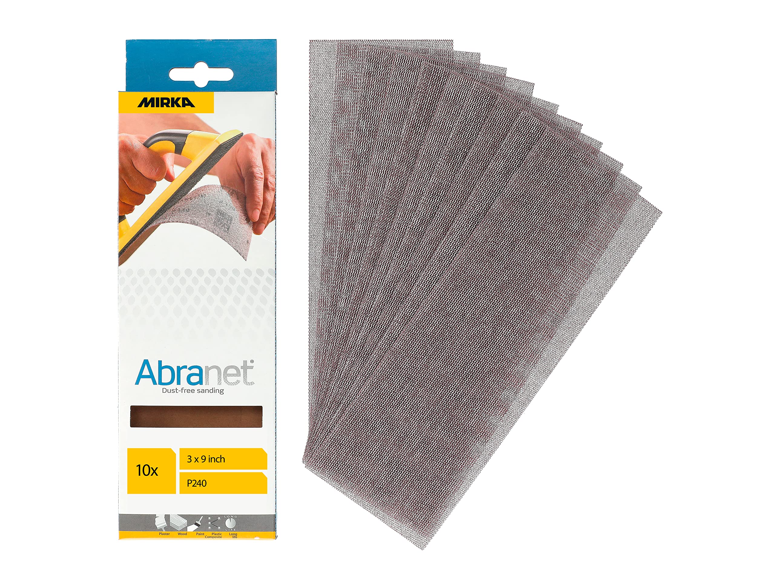 Mirka Abranet Net Sheets 3 x 9 inch/Grit 240 / Mesh Sandpaper Sanding Sheet Hook and Loop / 10 pcs / 9A-175-240RP