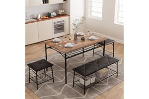 IDEALHOUSE Dining Table Set for 4, Kitchen Table with Upholstered Bench and 2 Chairs, Kitchen Table and Chairs Set with Storage Shelf,Small Space Saving Design, Easy Assembly, Rustic Brown