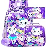UFNDC 3PCS Girls Cat Backpack, 16" Kids Bookbag with Lunch Box, Water Resistant School Bag for Elementary Preschool Toddler