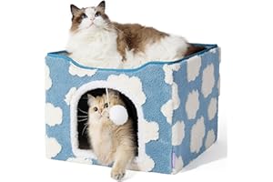 LE SURE Indoor Cat Beds Kitten House - Large Cat Cave for Pet Cube with Fluffy Ball Hanging, Foldable Small Aminal Hideaway, 17 Inches, Cozy Clouds Blue