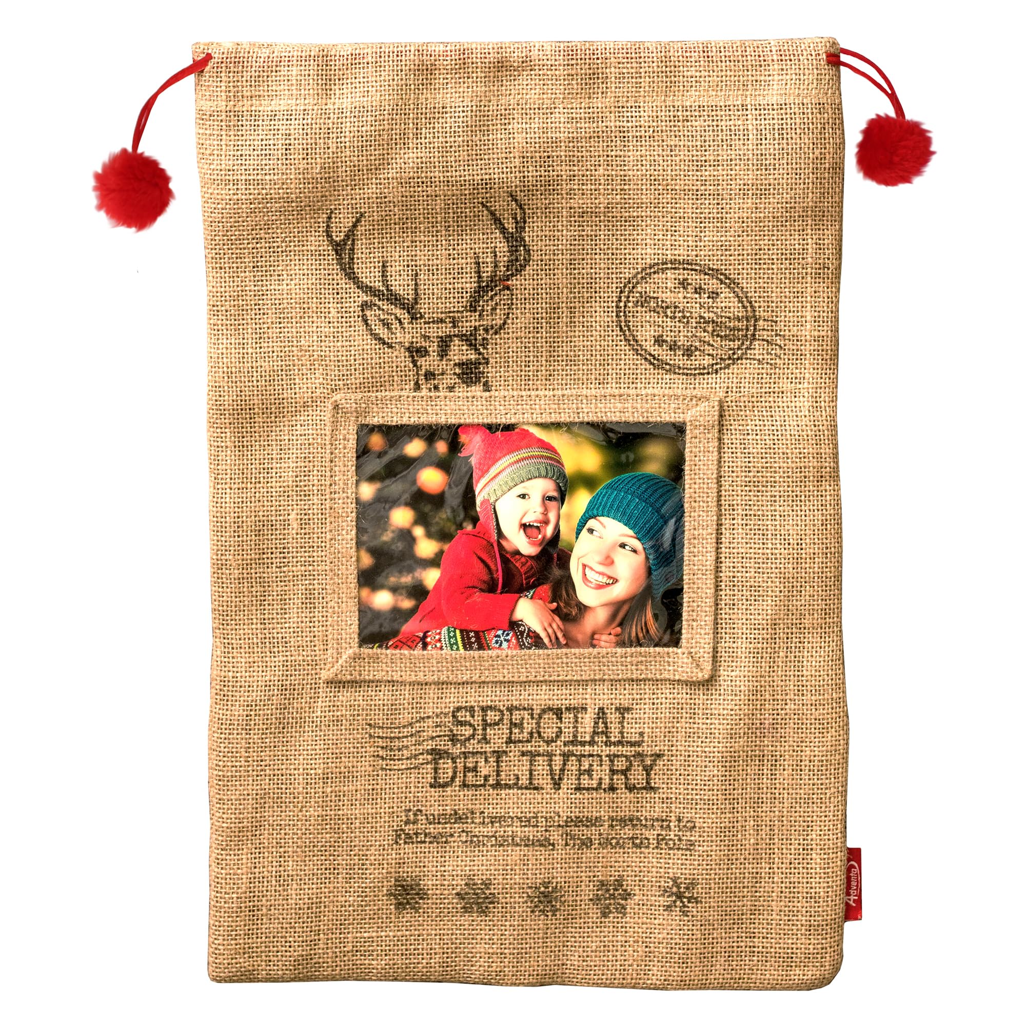 Adventa Santa Sack Christmas Personalised Gifts with 4x6 Photo Insert and North Pole Design - Ideal Christmas Eve Box Gifts, Gifts for Kids or Christmas Stocking (Medium)