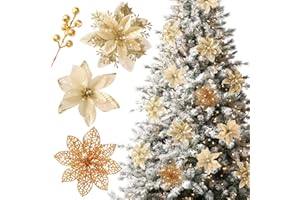 Floweroyal 30pcs Poinsettia Artificial Christmas Flowers Decorations with Clips and Berry Stems Glitter Ornaments for Christmas Tree Wreath Fireplace Stairs Decor (Gold-3 Styles)