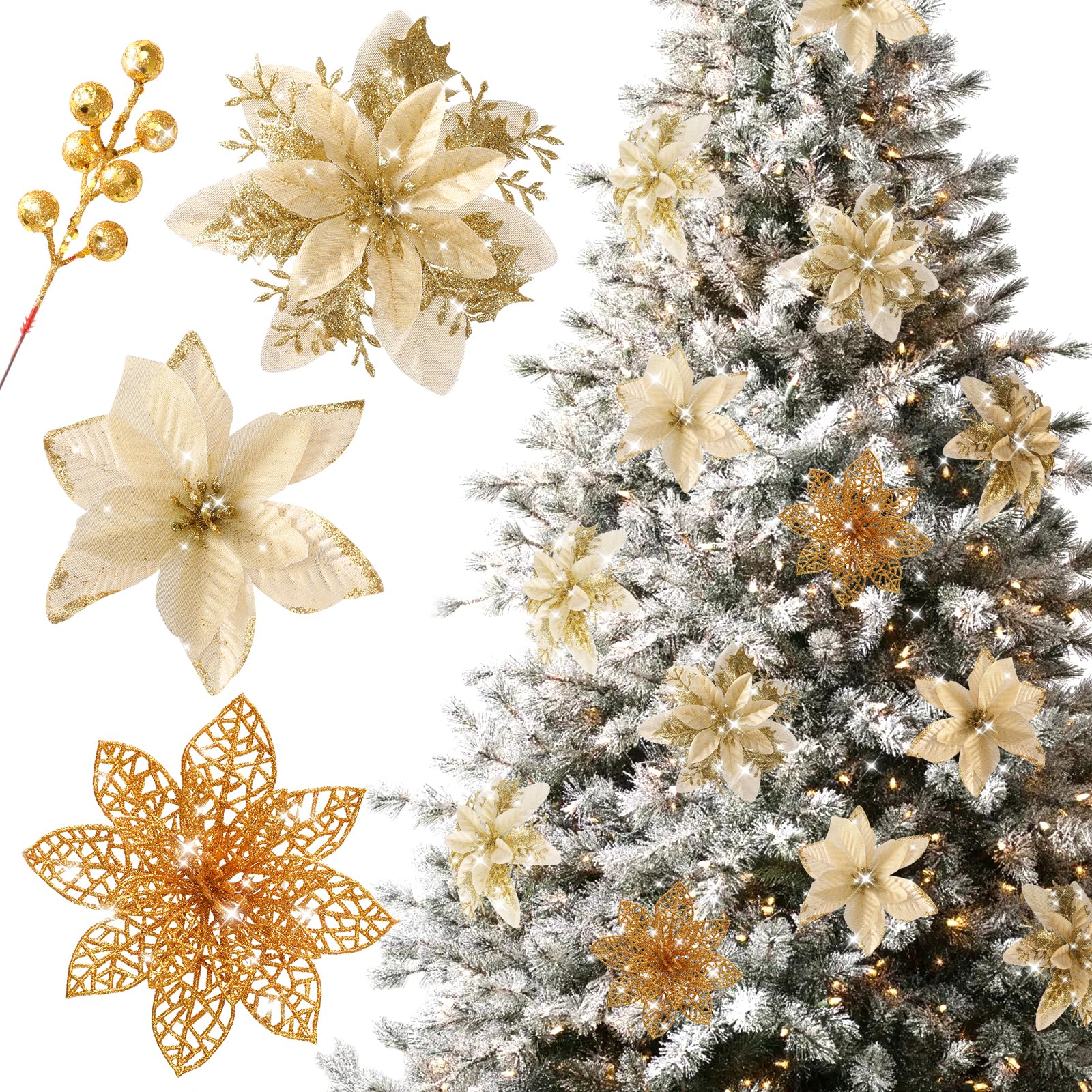 View 1 of *USED*
Floweroyal 30pcs Poinsettia Artificial Christmas Flowers Decorations with Clips and Berry Stems Glitter Ornaments for Christmas Tree Wreath Fireplace Stairs Decor (Gold-3 Styles)