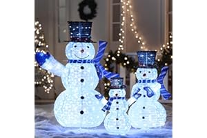 JOIEDOMI 3 Pcs 3D Christmas Collapsible Snowman Yard Light 270 Pre-Lit LED Cool White Lights for Indoor Outdoor Garden Holiday Décor, Xmas Event Decoration, Christmas Eve Night, Blue Scarf