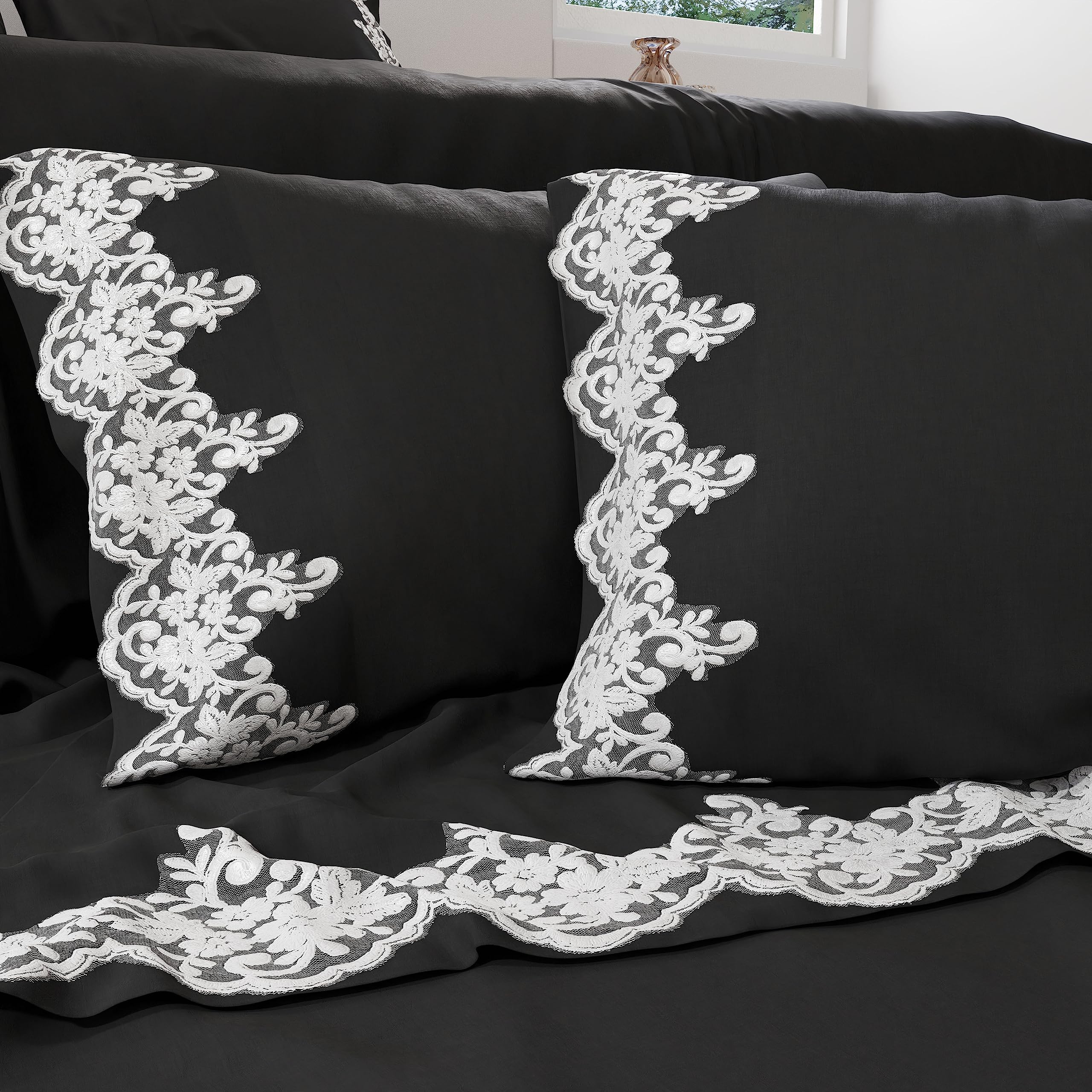 PETTI Artigiani Italiani - Percale Double Flat Sheet with Lace Percale Double Bed Set Black Lace 100% Made in Italy