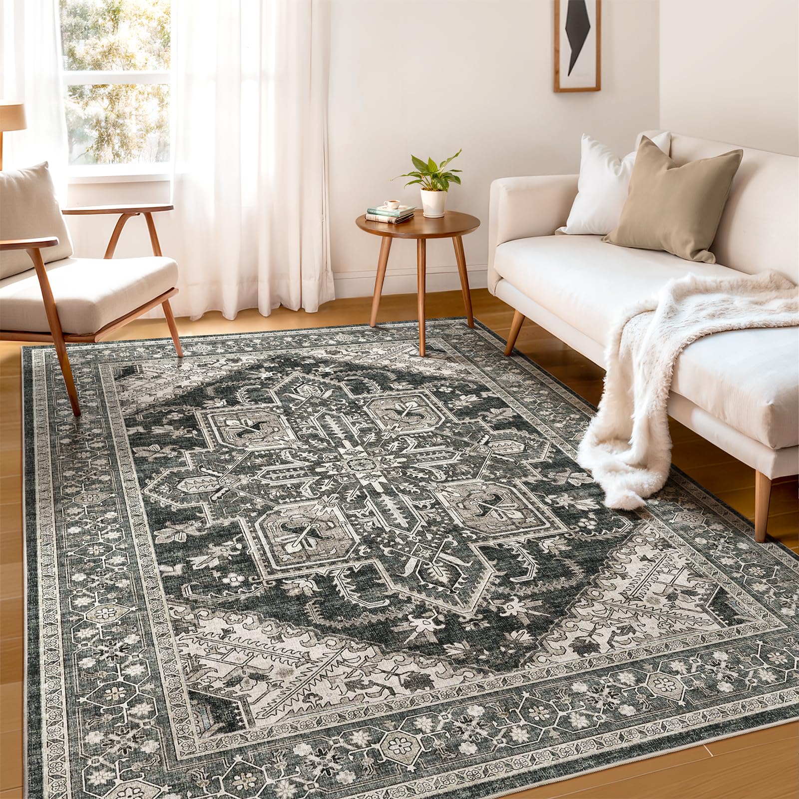 Photo 1 of WITSHOCK Living Room Area Rugs 5x7: Washable Rug Boho Soft Non-Slip Low Pile Stain Resistant Foldable Carpet for Bedroom Playroom Dining Room Office Kitchen Farmhouse Home Decor Rug-Bitter Black