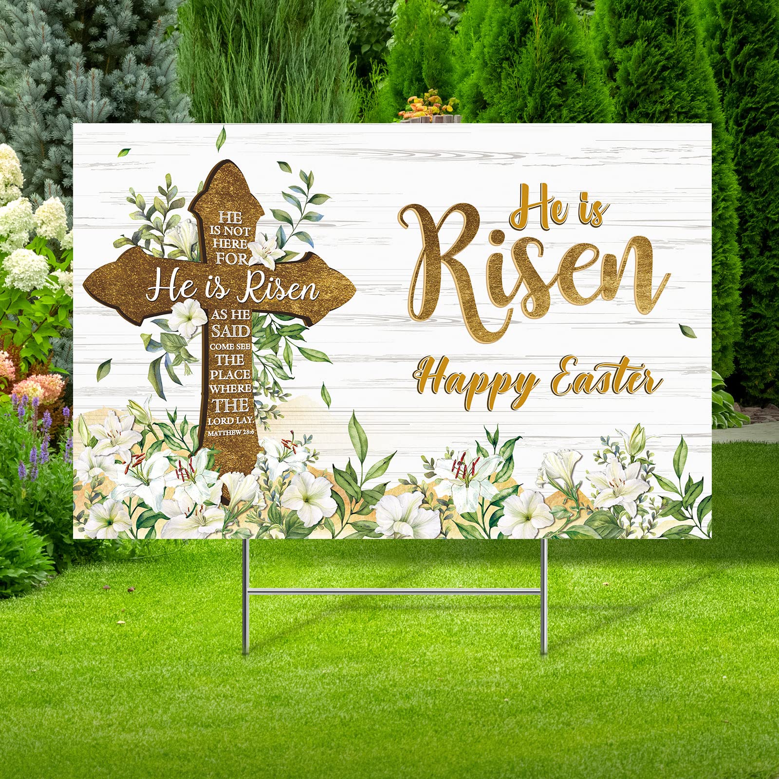 Photo 1 of He Is Risen Easter Yard Sign Outdoor Decorations Happy Easter Yard Stakes Religious Easter Yard Decoration Easter Cross Sign Eucalyptus Lily Spring Yard Sign for Christian Holiday Garden Lawn Decor