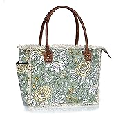 Boho Floral Canvas Tote Bag – Large Green Shoulder Bag with Fringe & Leather Handles | Laptop/Work/Everyday Bag for Women