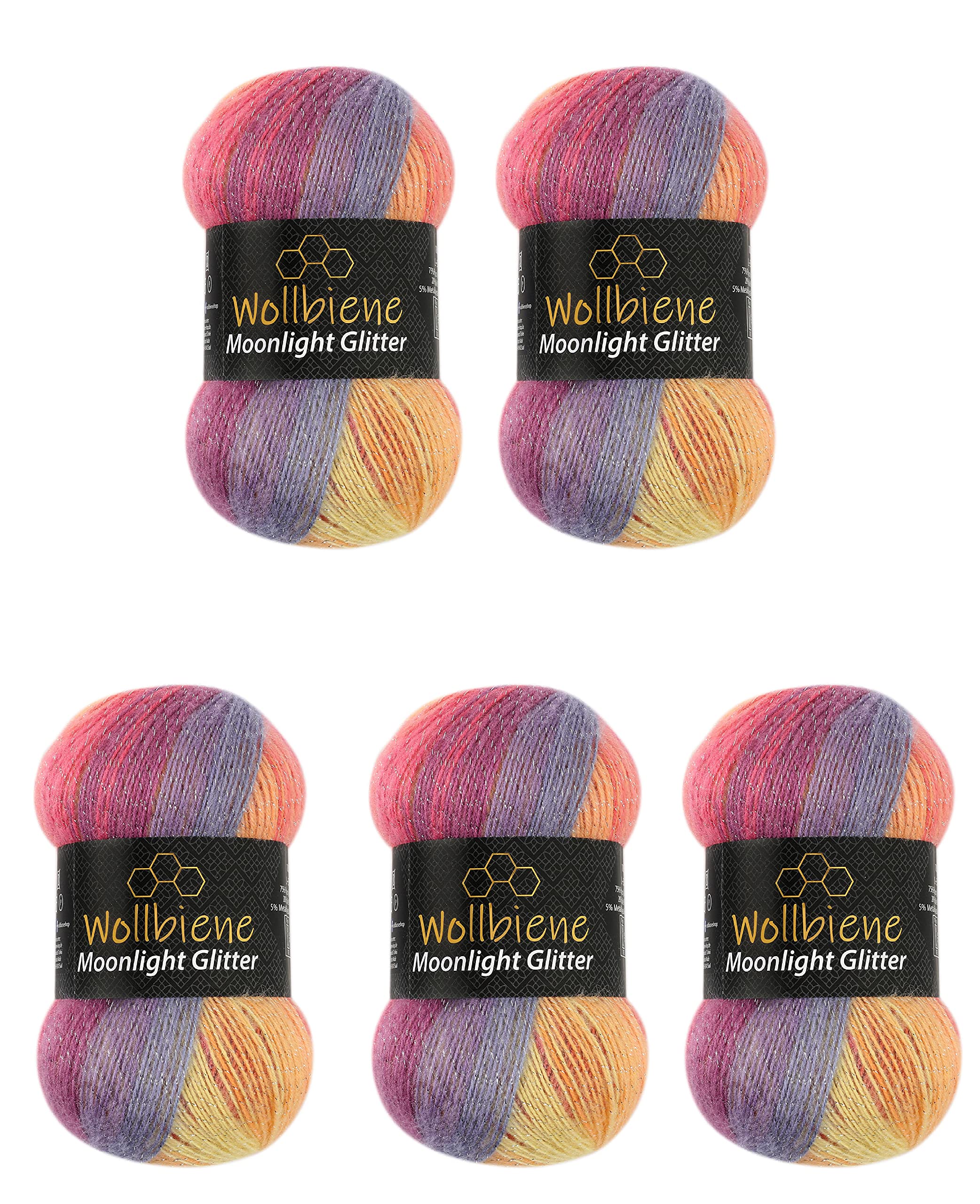 Wollbiene Moonlight Glitter Batik Simli 5 x 100g Metallic Gradient Glitter Wool (3000 Rainbow Pastel) for Knitting & Crocheting — image 1