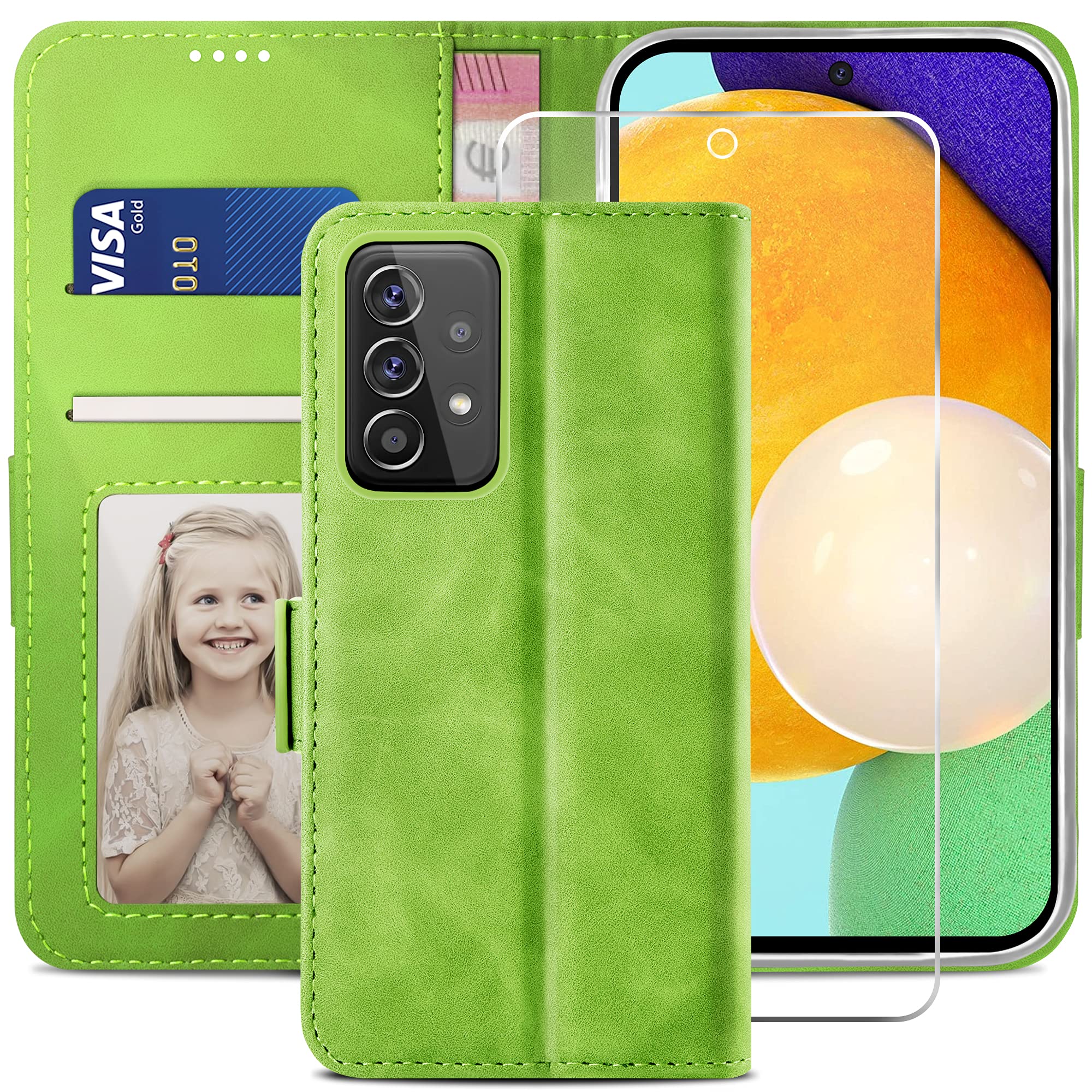 YATWIN Compatible with Samsung Galaxy A52s/A52 5G Case, Flip Wallet Leather Case with Tempered Glass Screen Protector and Card Slot Kickstand Phone Cases Cover for Samsung A52s/A52 5G - Green