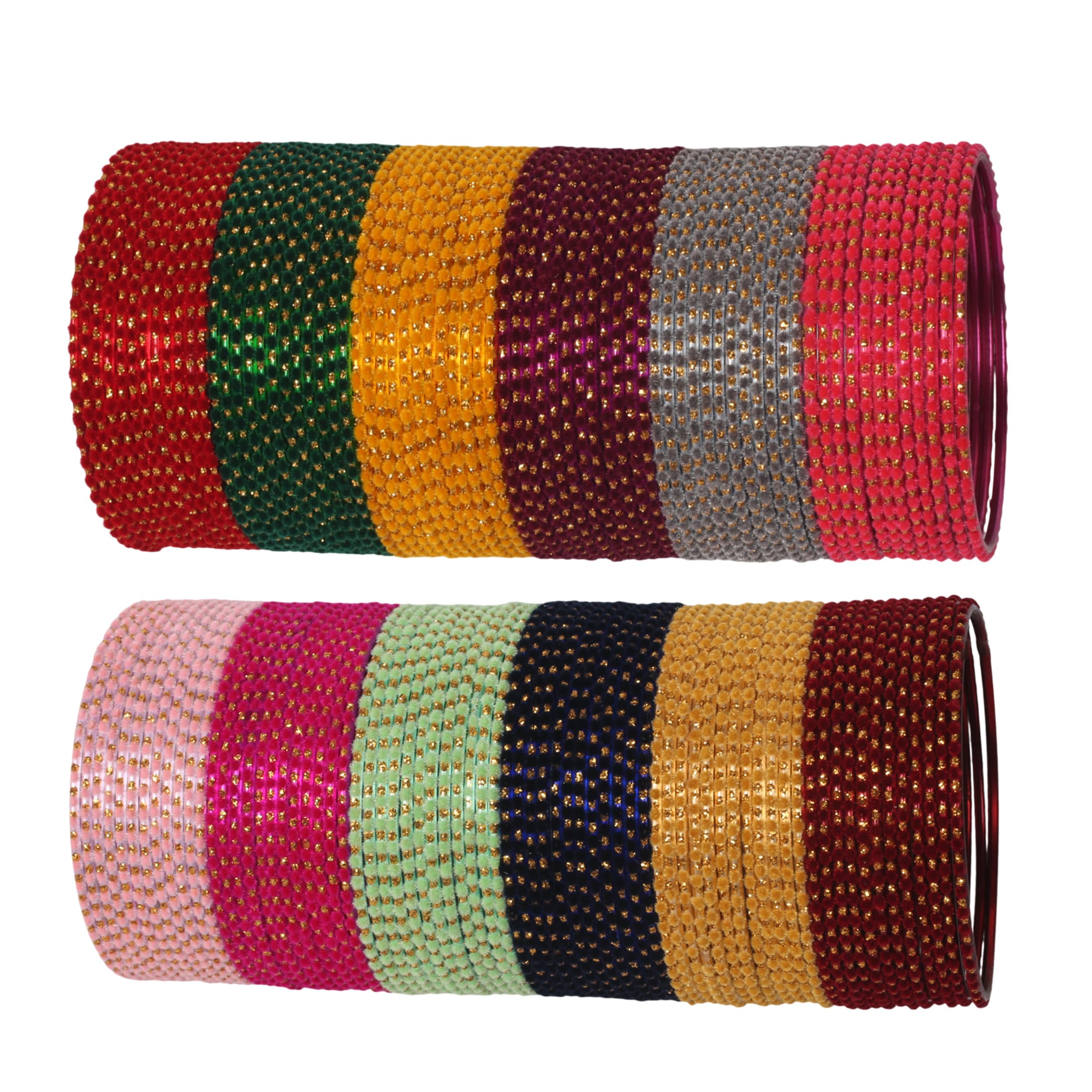 Touchstone New Indian Bollywood Metallic Colorful Bangle Collection Mystical 12 Vibrant Textured Colors Golden Glitters Velvet Designer Jewelry Bracelets Bangle. Set of 144 for Women.