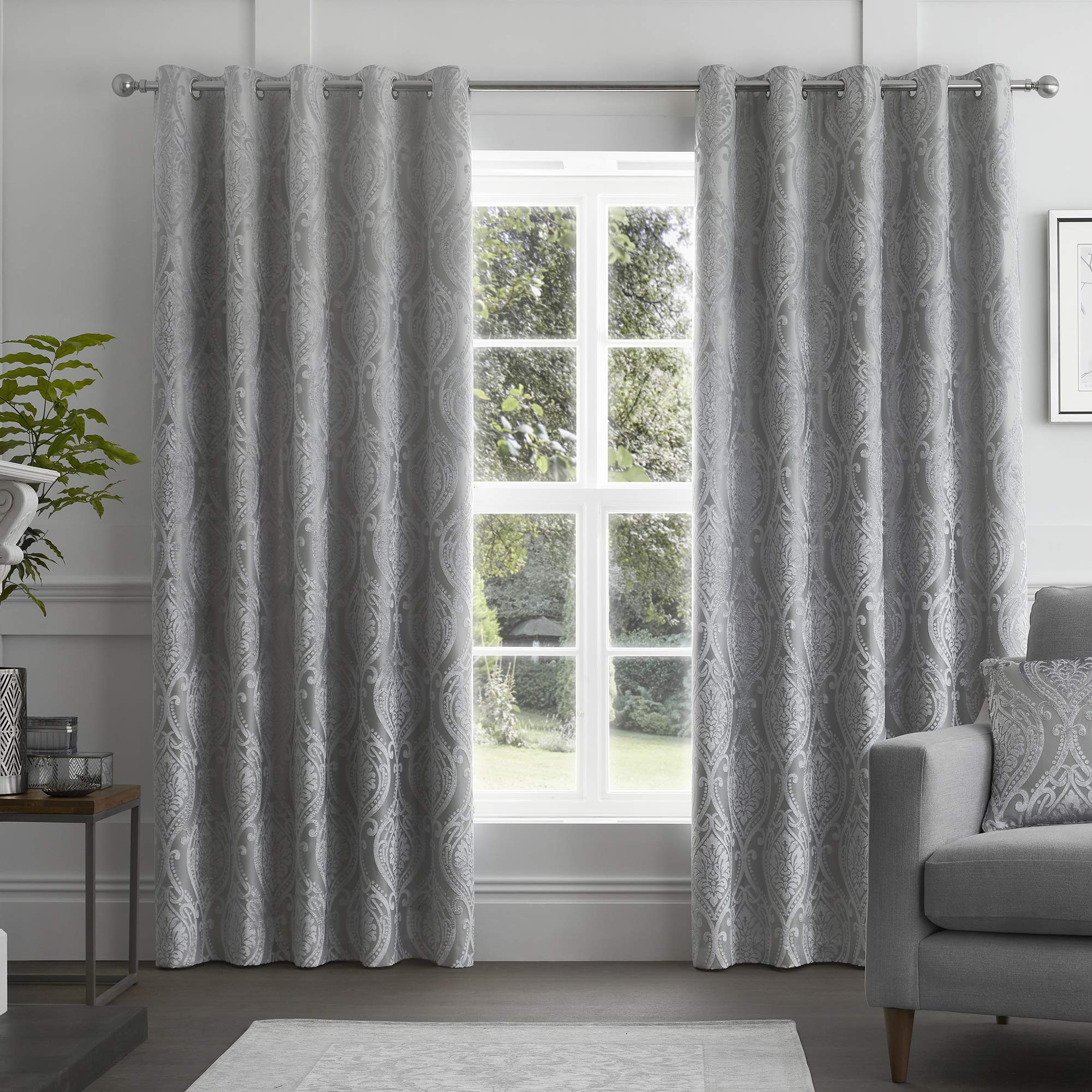 Curtina - Chateau - Jaquard Pair of Eyelet Curtains - 46" Width x 54" Drop (117 x 137cm) in Silver
