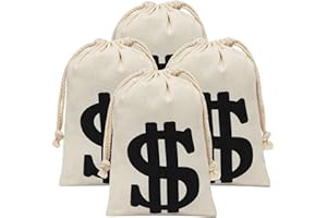 Eoocan 4 Pack Canvas Natural Money Bag Pouch with Drawstring Closure for Party Favor, 6.3 x 9 Inches Money Bags Dollar Sign for Bank Robber Pirate Cowboy Halloween Cosplay Theme Party