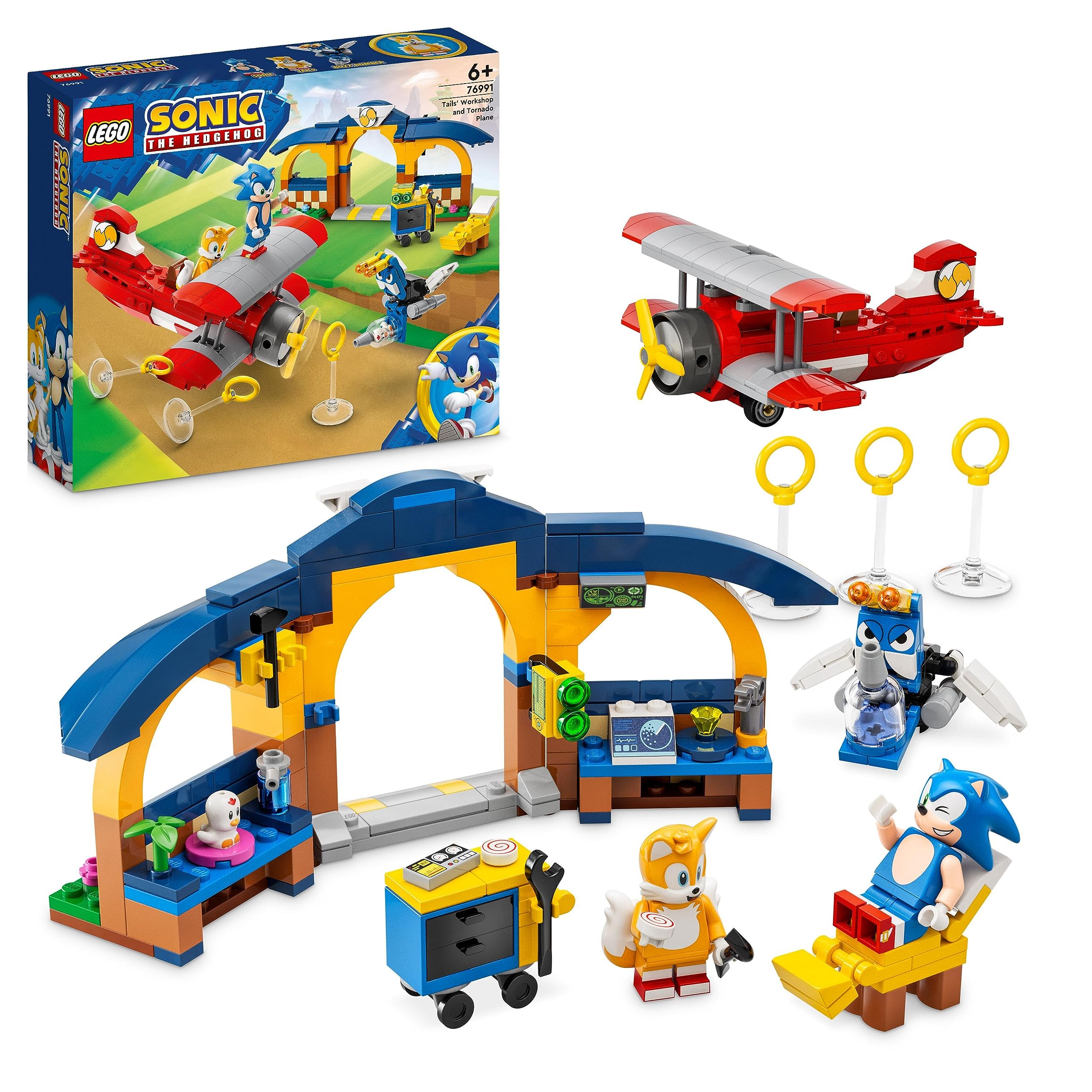 LEGO Sonic the Hedgehog Tails' Workshop and Tornado Plane Set, Buildable Toy Game with Aeroplane Toy and 4 Character Figures including Tails, Toys for Kids 6 Plus Years Old 76991