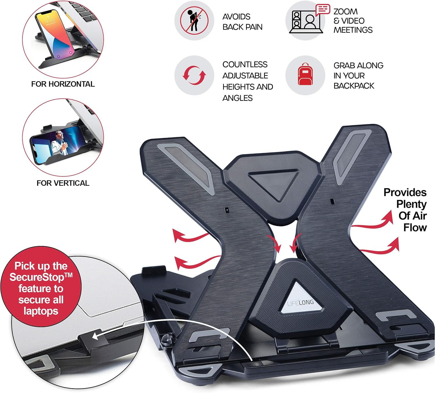 Laptop Stand for Desk, Adjustable Laptop Stand for Desk, Laptop Riser for MacBook Pro and Air 13 15 17 inch, Laptop Stands Adjustable, Ergonomic Computer Stand, Notebook Stand Patented SecureStop: Office Products