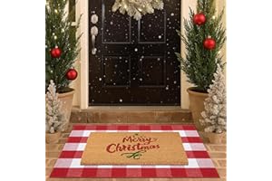 HOMYDECOR Christmas Door Mat Combo Set - 100% Coco Coir Welcome Mat + 28 x 43 Inch Red and White Plaid Rug, New Year Holiday Christmas Collection Doormat for Front Porch Entryway Decorative